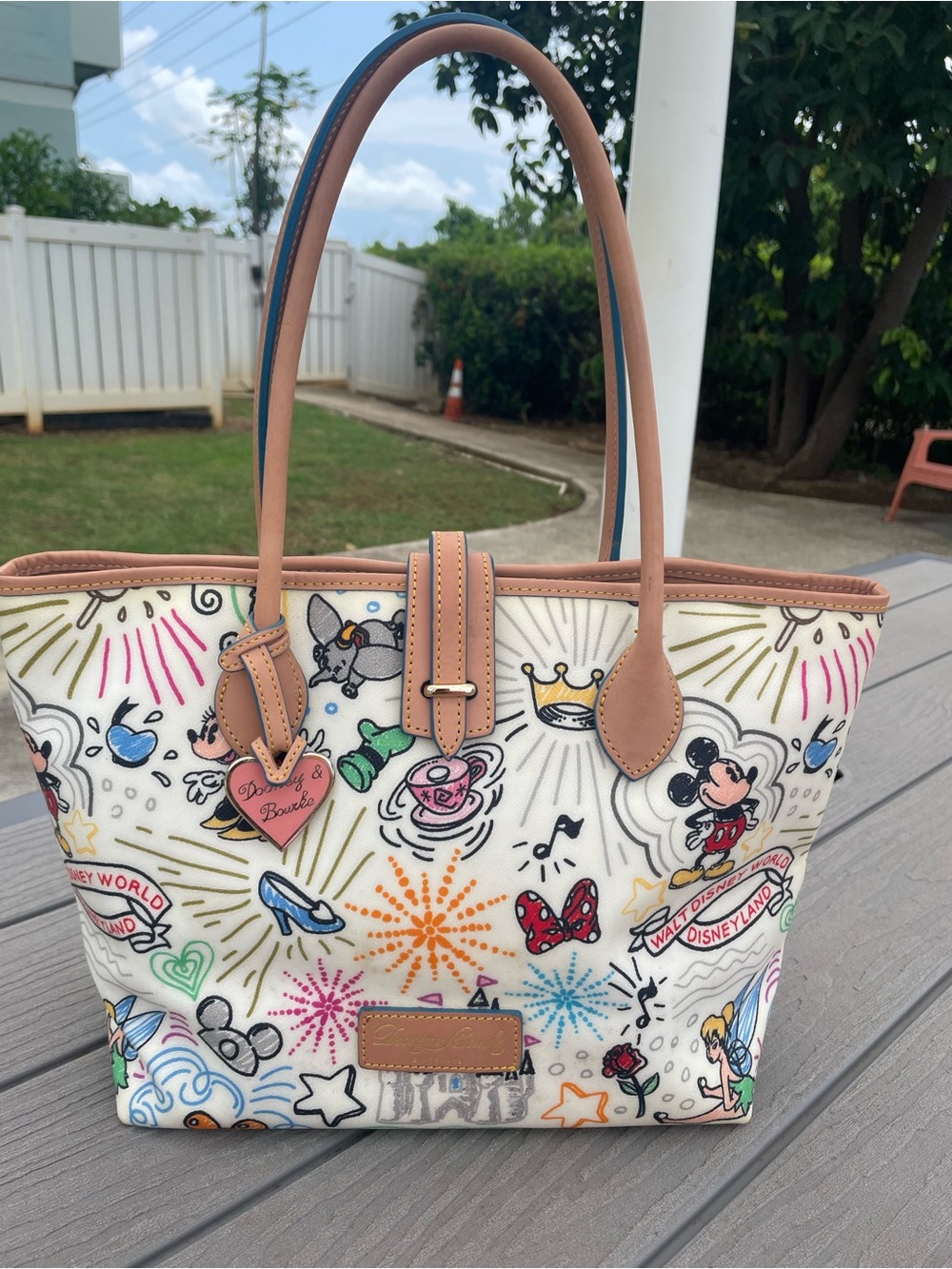 Dooney & Bourke White Multicolor Disney Sketch Tote with Tan Leather Trim